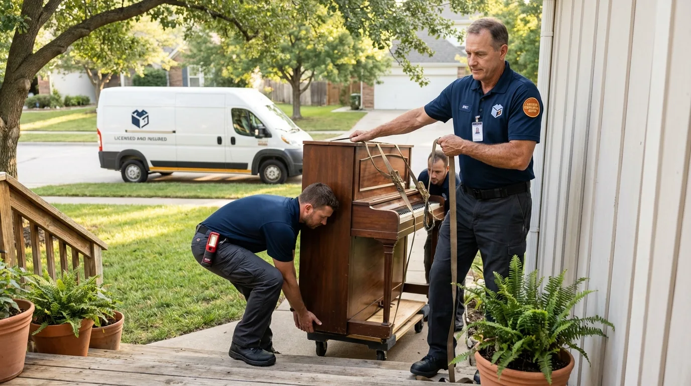 Licensed piano movers securing grand piano in Champaign, IL