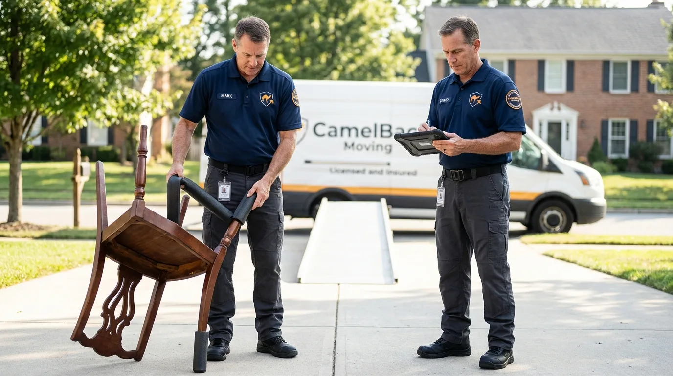 Movers inspecting furniture for damage prevention before loading in Champaign, IL