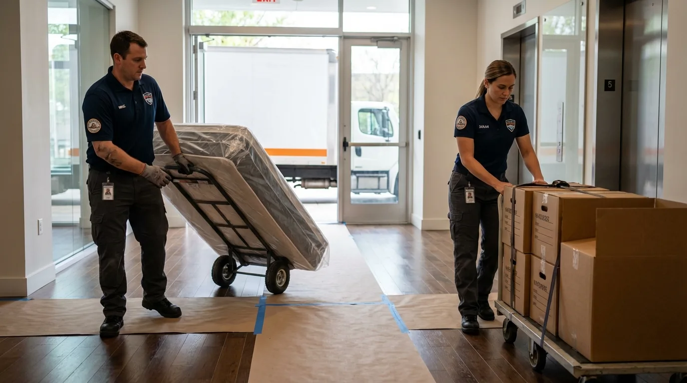 Professional apartment movers loading elevator in Champaign, IL
