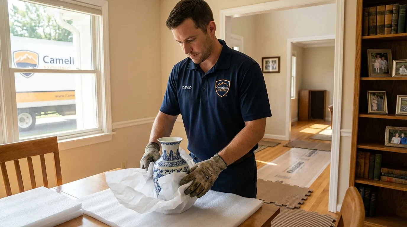 Professional crew carefully wrapping antique vase for senior downsizing move in Champaign, IL